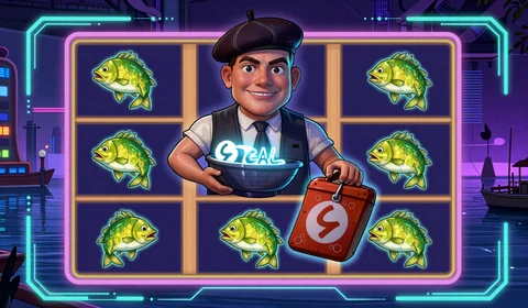 Le Fisherman Hacksaw Gaming Slot mit Comic-Fischer im Cyberpunk-Hafen