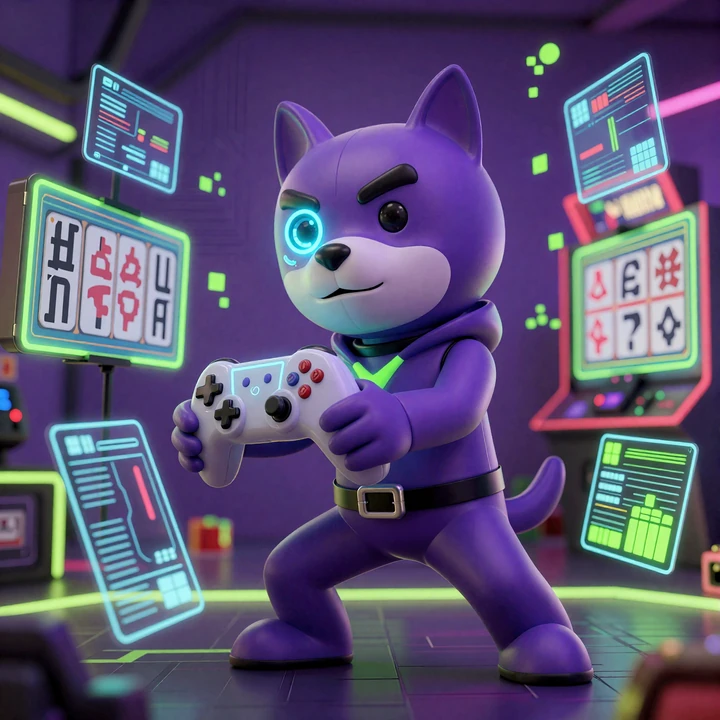 Irwin der Cyber-Hund mit Controller vor schwebenden Slot-Hologrammen im Game-Vault