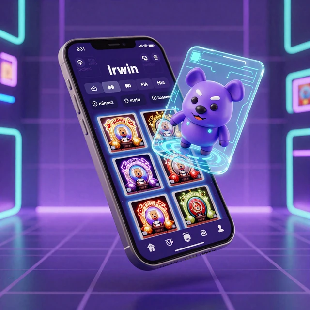 Smartphone mit Irwin Casino Lobby und Irwin als Hologramm aus dem Display