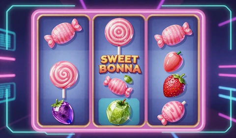 Sweet Bonanza Slot Artwork Pragmatic Play mit bunten S&uuml;&szlig;igkeiten im Cyberpunk-Stil