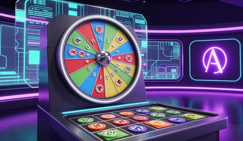 Crazy Time Live-Game-Show mit leuchtendem Gl&uuml;cksrad im Studio