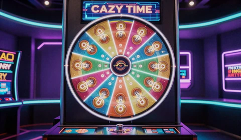 Crazy Time Evolution Game Show mit leuchtendem Gl&uuml;cksrad im Cyberpunk-Studio