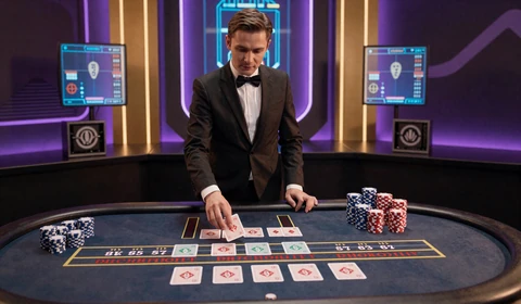 Live Baccarat Tisch mit Dealer Karten und Chips im Cyberpunk-Studio