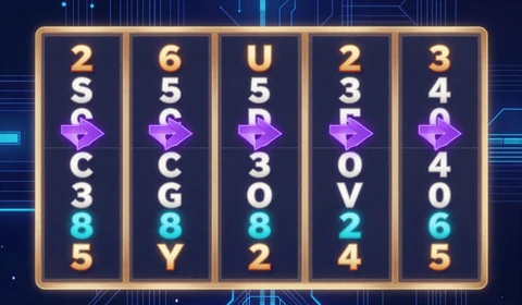 Megaways Mechanik Diagramm mit variabler Walzenh&ouml;he im Cyberpunk-HUD