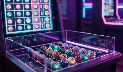 Mega Ball Evolution Bingo Lotterie mit leuchtenden Kugeln im Cyberpunk-Studio