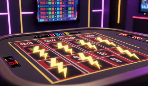Lightning Roulette Evolution Tisch mit gelben Blitzen auf Zahlenkessel