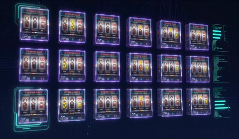 Holographisches Spielraster mit Slot-Thumbnails und HUD-Filtern