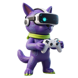 Irwin der Cyber-Hund mit VR-Headset und Controller in Gaming-Pose