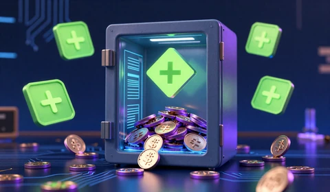 Holographischer Bonus-Tresor mit leuchtenden M&uuml;nzen im Cyberpunk-Stil