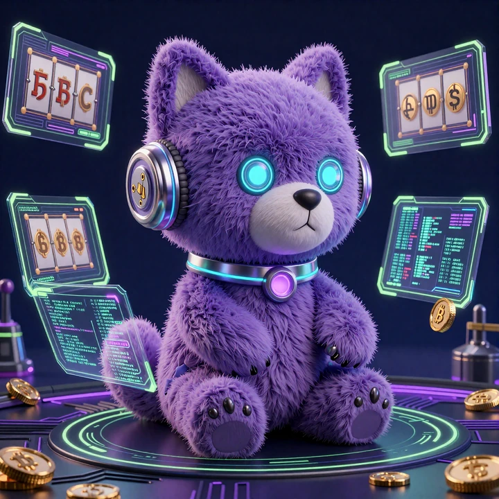 Irwin der violette Cyber-Hund hackt ein holographisches Casino-Terminal im Neon-Stil