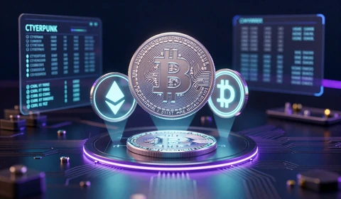 Krypto-Wallets mit BTC ETH und USDT Logos im Cyberpunk-Design