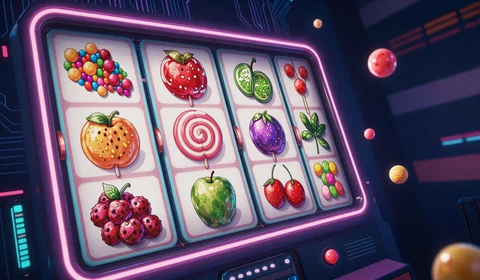 Sweet Bonanza Slot-Artwork mit bunten S&uuml;&szlig;igkeiten im Cyberpunk-Rahmen