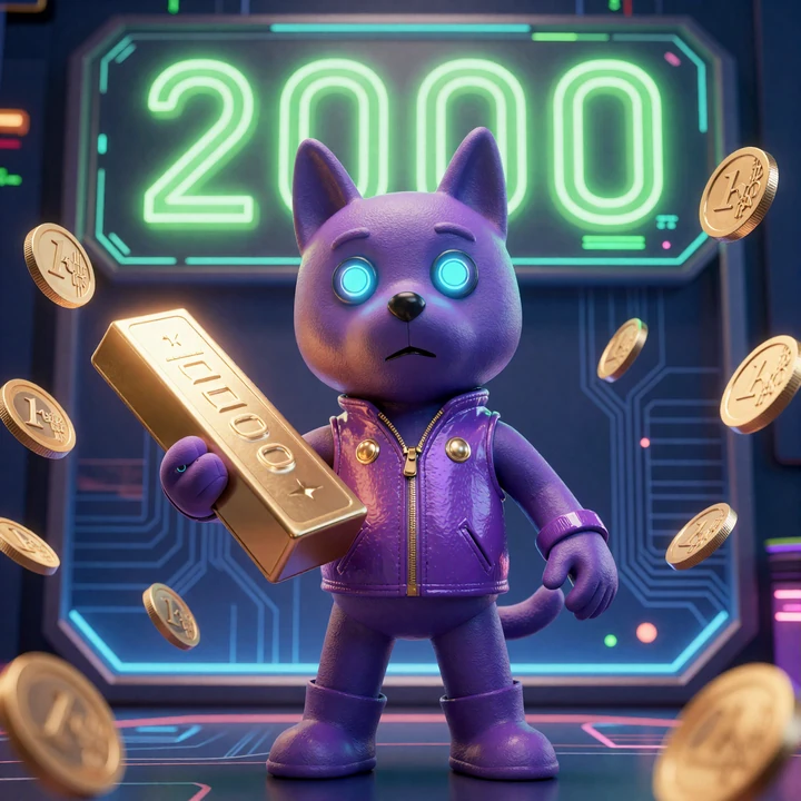 Irwin der Cyber-Hund mit Goldbarren vor leuchtendem 2.000&euro; Bonus-HUD im Cyberpunk-Stil