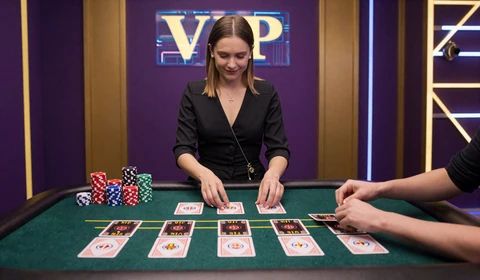Live Blackjack VIP Tisch mit Dealer und High-Limit Chips im Cyberpunk-Studio
