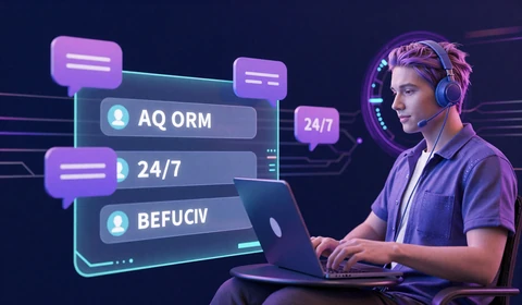 Helpdesk mit schwebenden Chat-Bubbles und 24/7-Uhr im Cyberpunk-Stil