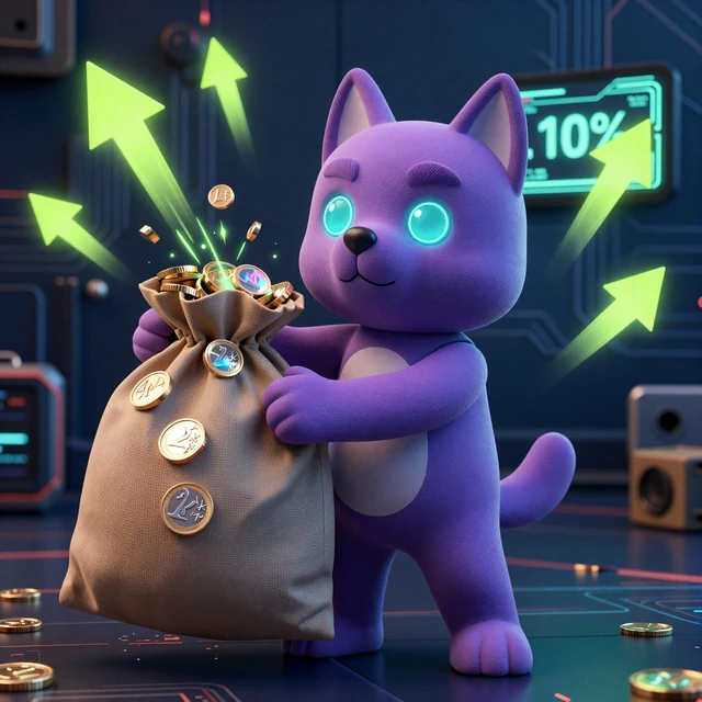 Irwin Maskottchen mit M&uuml;nzbeutel und Cashback-Pfeilen im Cyberpunk-Stil