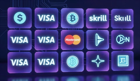 Cyberpunk-Zahlungsmethoden-Raster mit leuchtenden Anbieter-Logos
